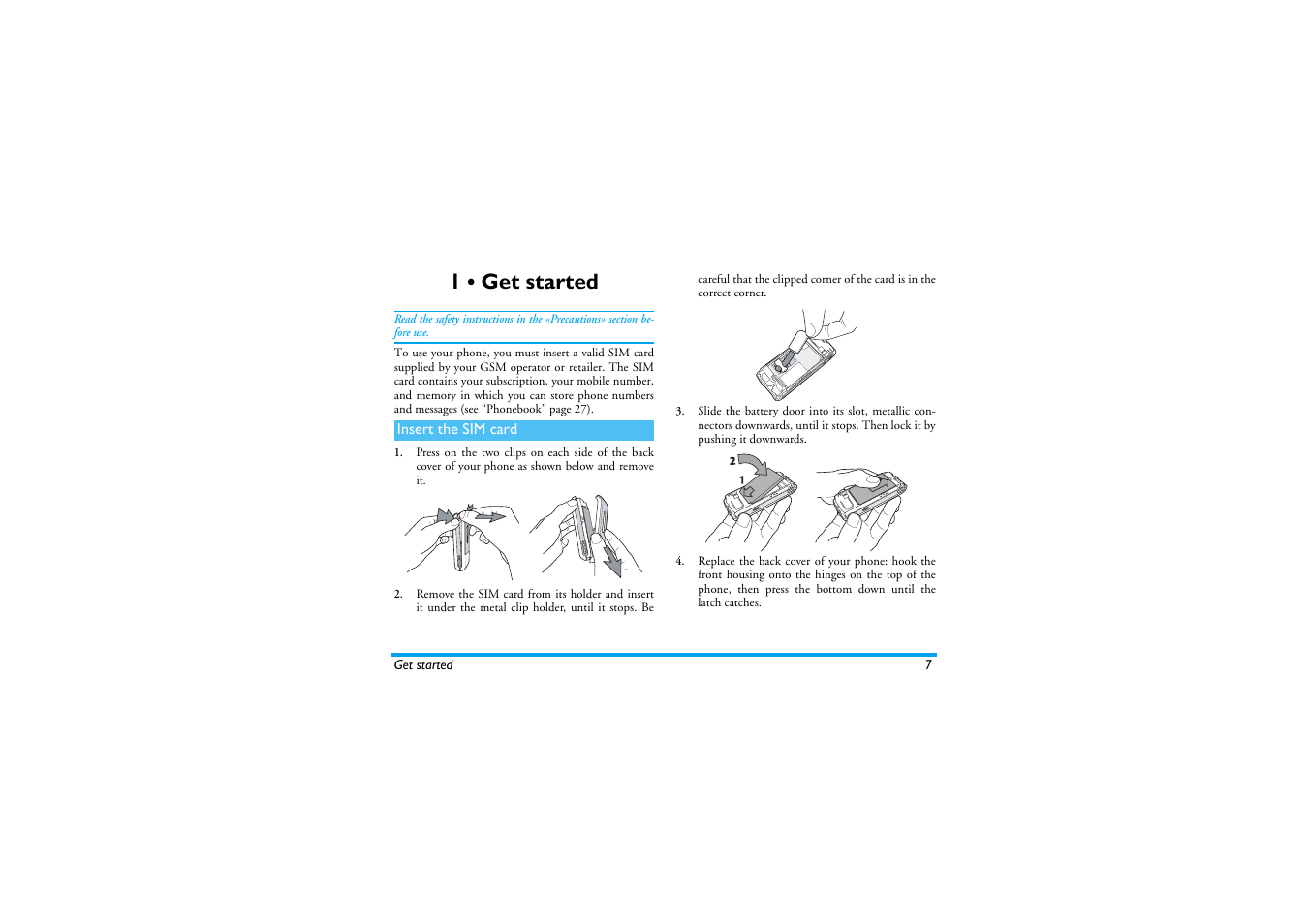 1 • get started, Insert the sim card, T started | Philips 530 User Manual | Page 9 / 104