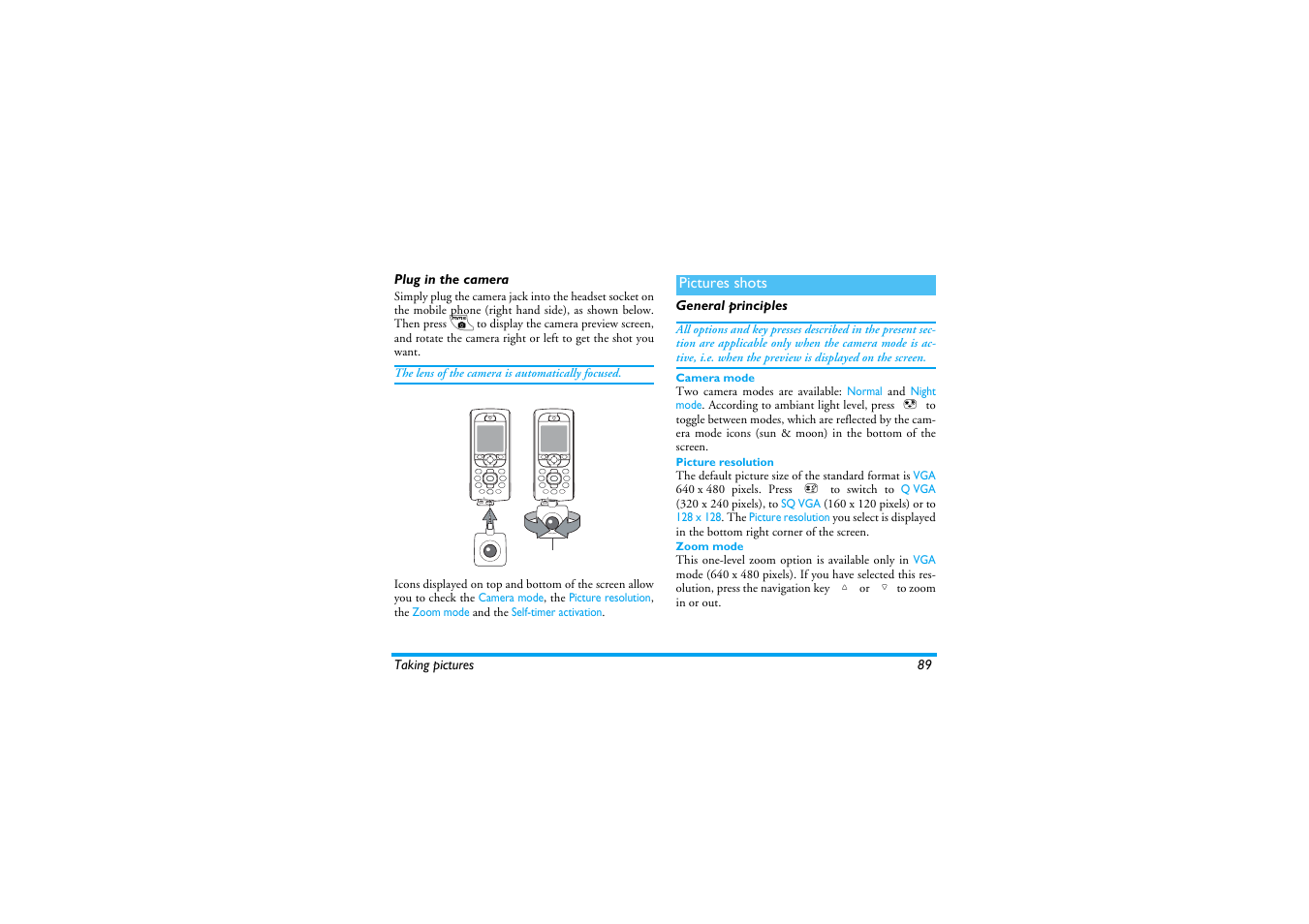 Plug in the camera, Pictures shots, General principles | Camera mode, Picture resolution, Zoom mode | Philips 530 User Manual | Page 91 / 104