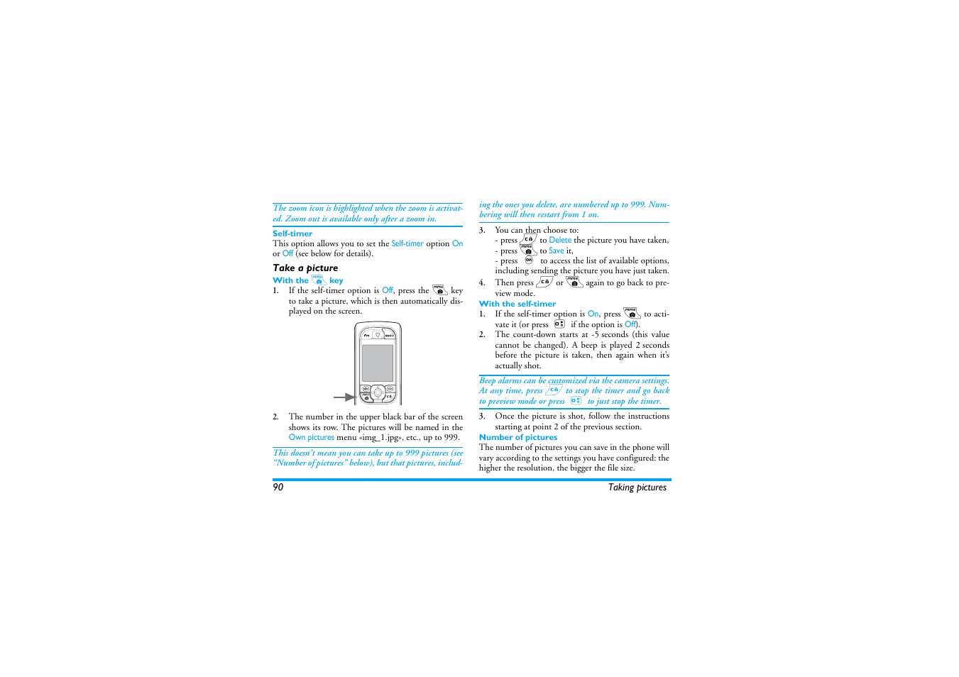 Self-timer, Take a picture, With the m key | With the self-timer, Number of pictures | Philips 530 User Manual | Page 92 / 104