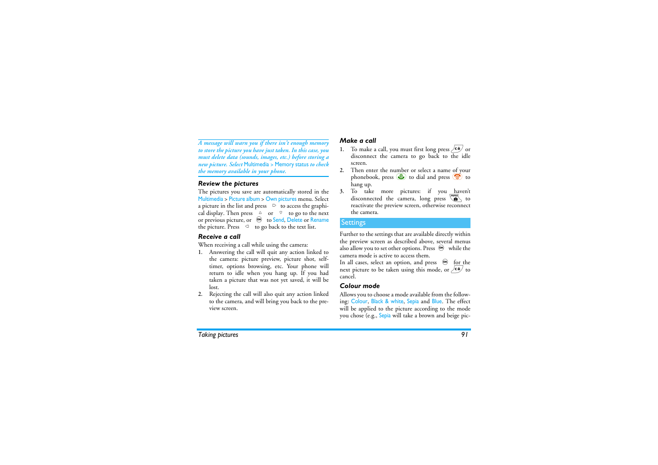 Review the pictures, Receive a call, Make a call | Settings, Colour mode, Review the pictures receive a call make a call | Philips 530 User Manual | Page 93 / 104