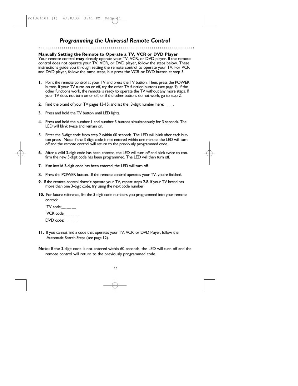 Programming the universal remote control | Philips RC136/17 User Manual | Page 11 / 16