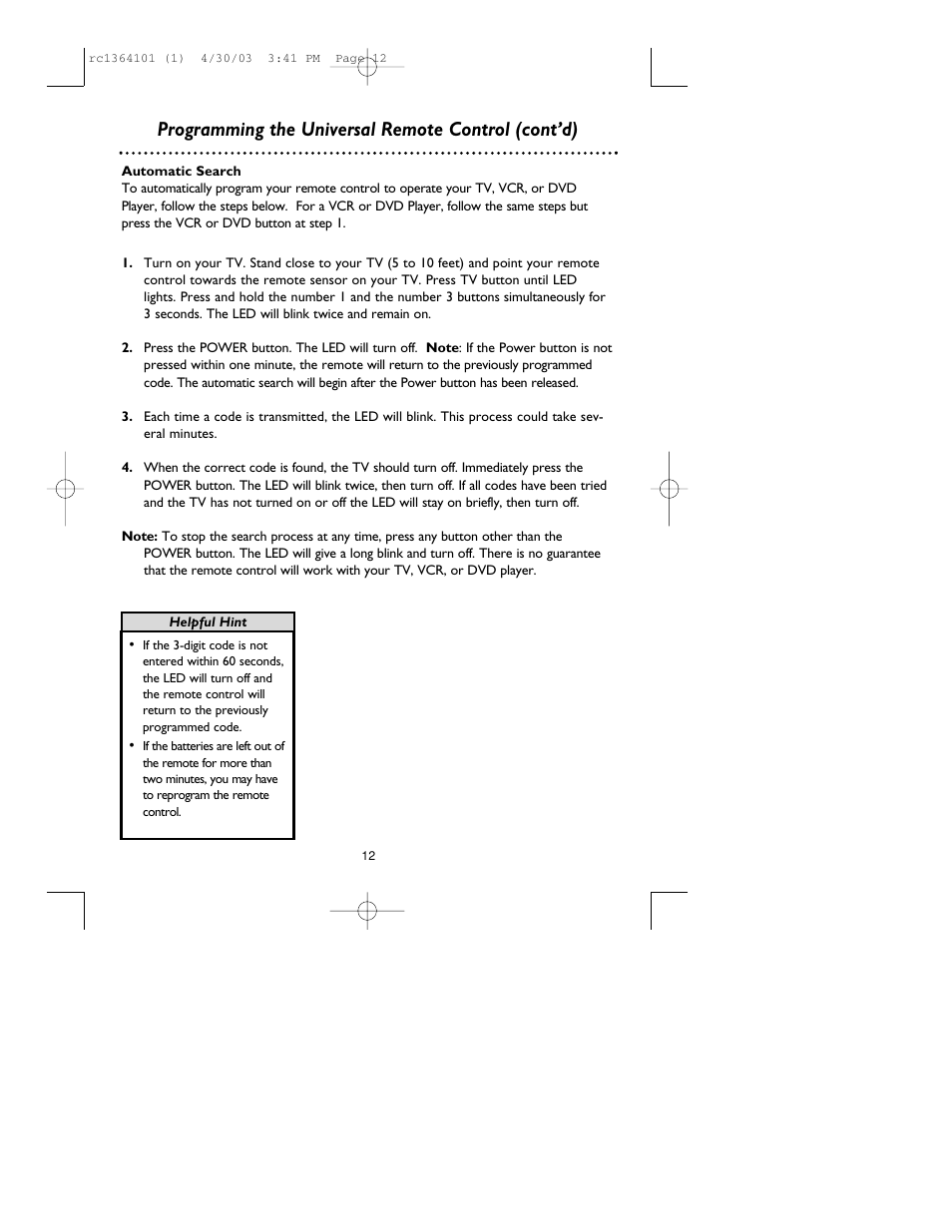 Programming the universal remote control (cont’d) | Philips RC136/17 User Manual | Page 12 / 16