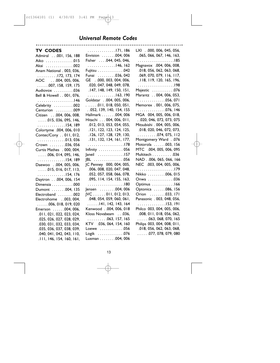 Universal remote codes | Philips RC136/17 User Manual | Page 13 / 16