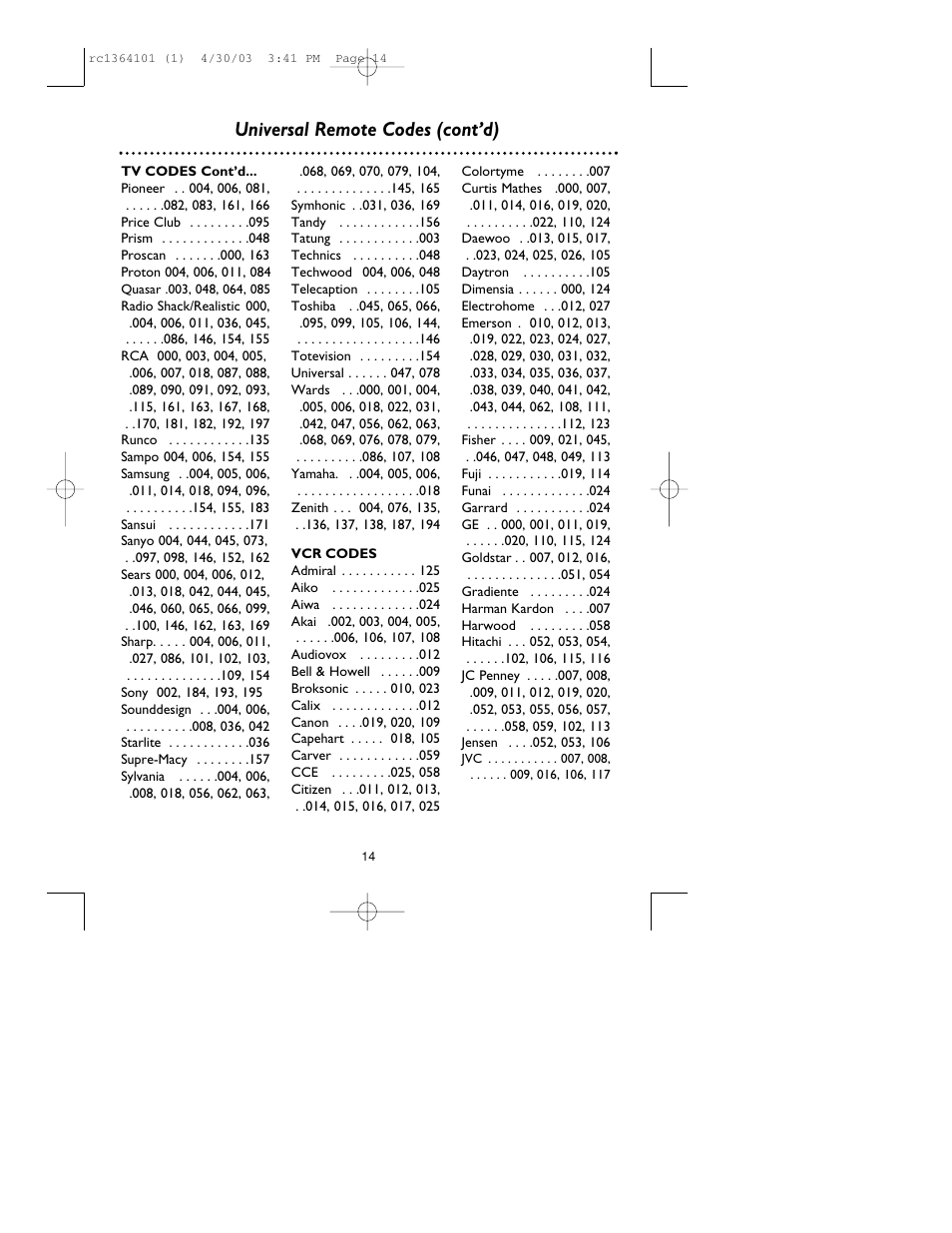 Universal remote codes (cont’d) | Philips RC136/17 User Manual | Page 14 / 16