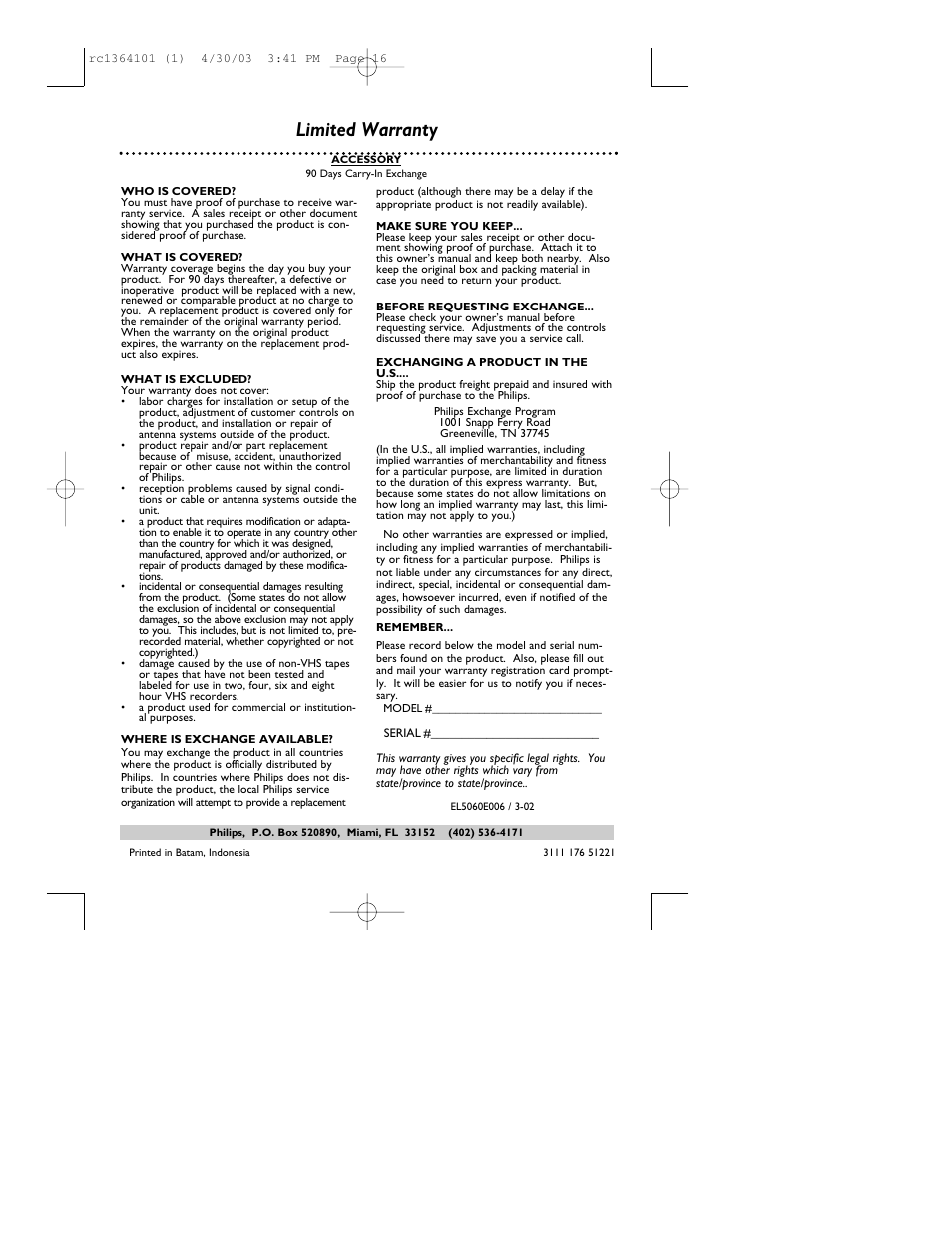 Limited warranty | Philips RC136/17 User Manual | Page 16 / 16
