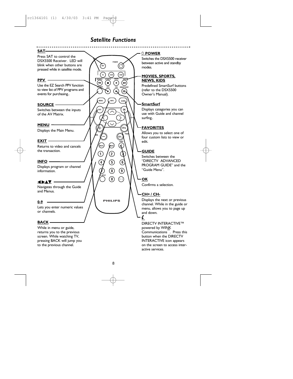 Satellite functions | Philips RC136/17 User Manual | Page 8 / 16