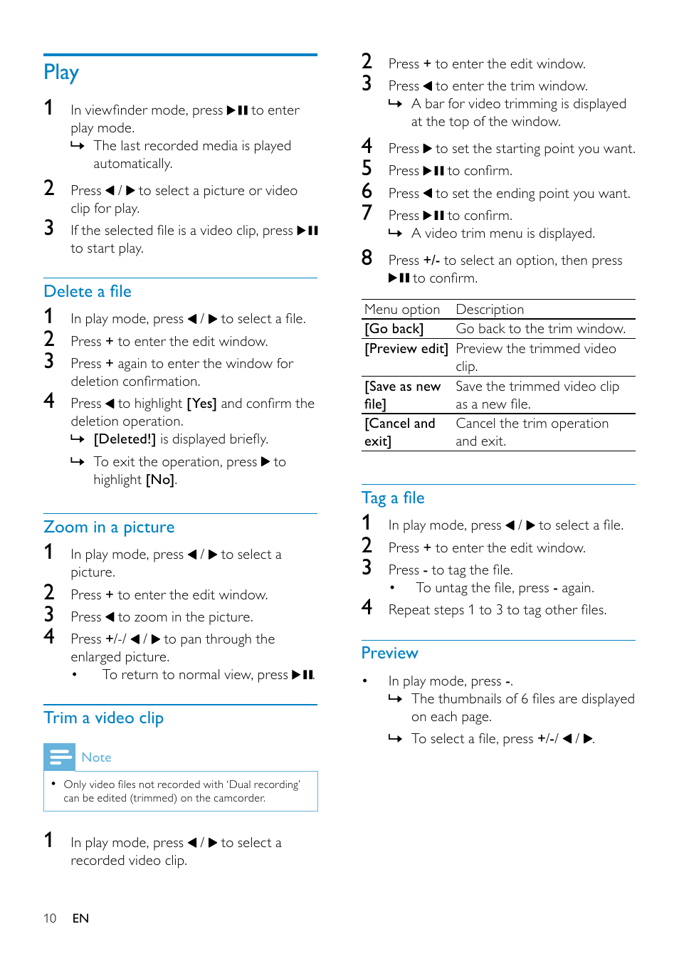 Charge the built-in battery, Select a scene, Play | Play 1 | Philips CAM110 User Manual | Page 10 / 18