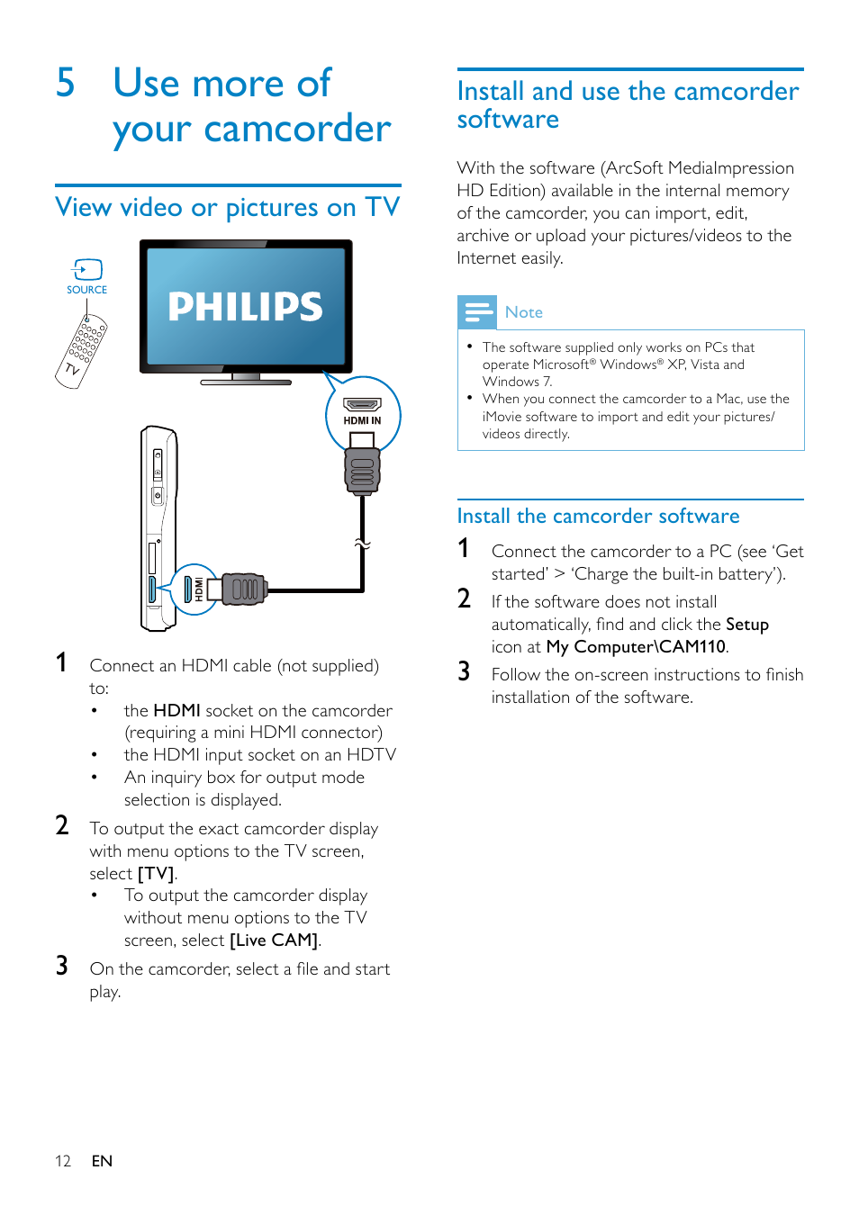 Options during video play, Adjust settings, Tag a file | Preview, Play tagged files, Fast forward/reverse, Adjust volume level, 5 use more of your camcorder, View video or pictures on tv, Install and use the camcorder software | Philips CAM110 User Manual | Page 12 / 18