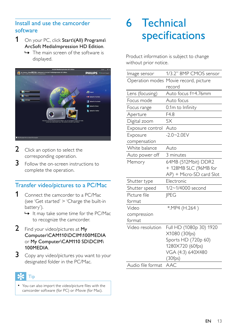 6 technical specifications | Philips CAM110 User Manual | Page 13 / 18