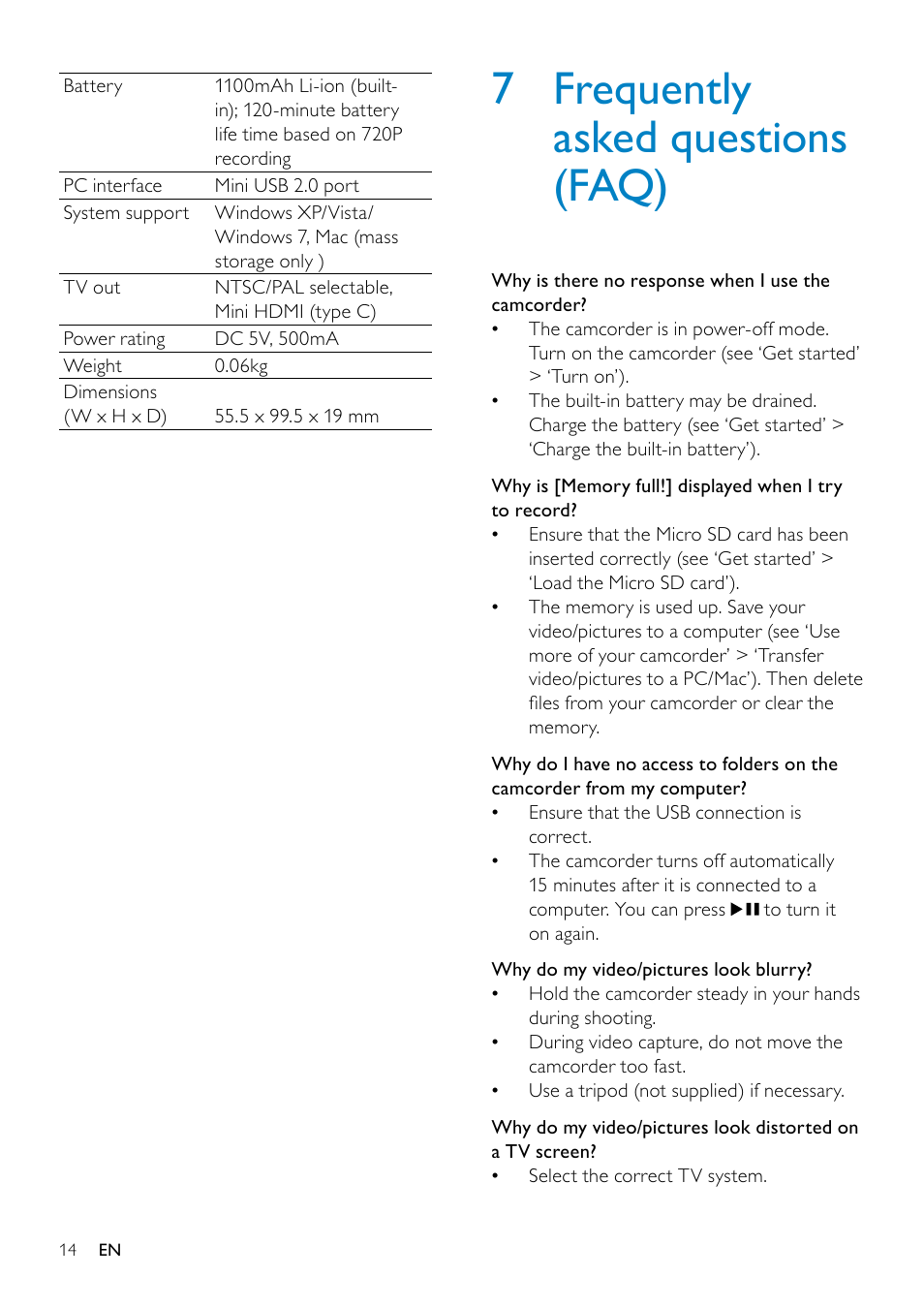 5 use more of your camcorder, View video or pictures on tv, Install and use the camcorder software | Install the camcorder software, 7 frequently asked questions (faq) | Philips CAM110 User Manual | Page 14 / 18