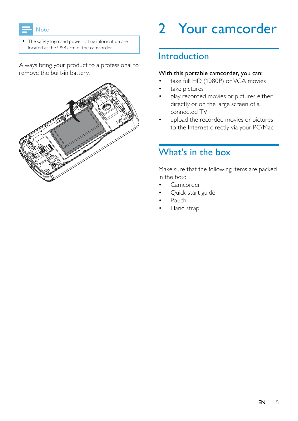 2 your camcorder, Introduction, What’s in the box | Philips CAM110 User Manual | Page 5 / 18