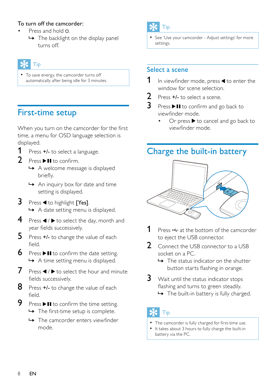 First-time setup, Charge the built-in battery | Philips CAM110 User Manual | Page 8 / 18