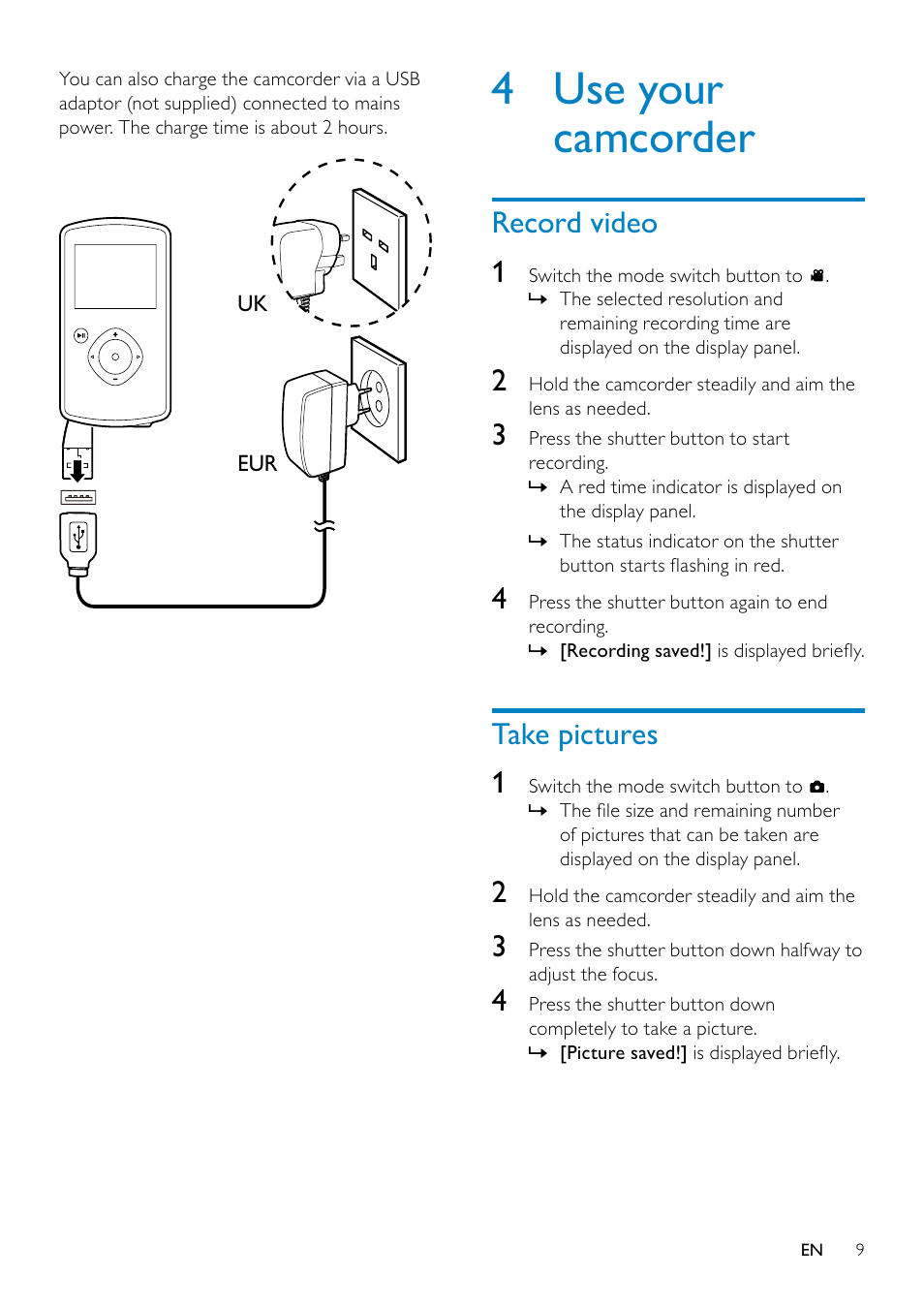 3 get started, Load the micro sd card, Turn on | First-time setup, 4 use your camcorder, Record video, Take pictures | Philips CAM110 User Manual | Page 9 / 18