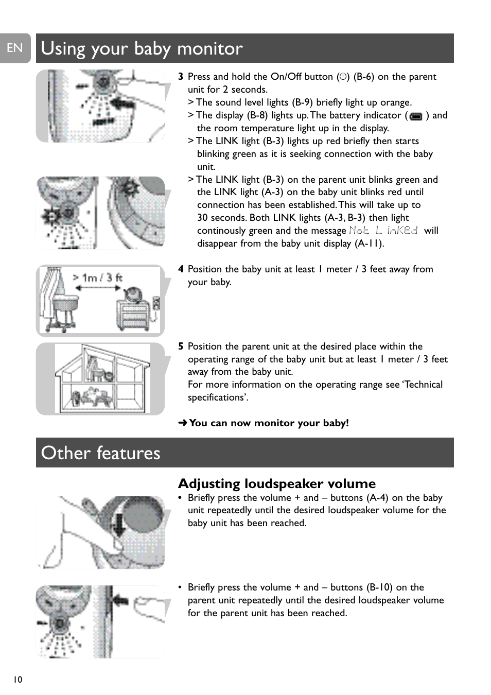 Using your baby monitor other features, Adjusting loudspeaker volume | Philips SCD489 User Manual | Page 10 / 244