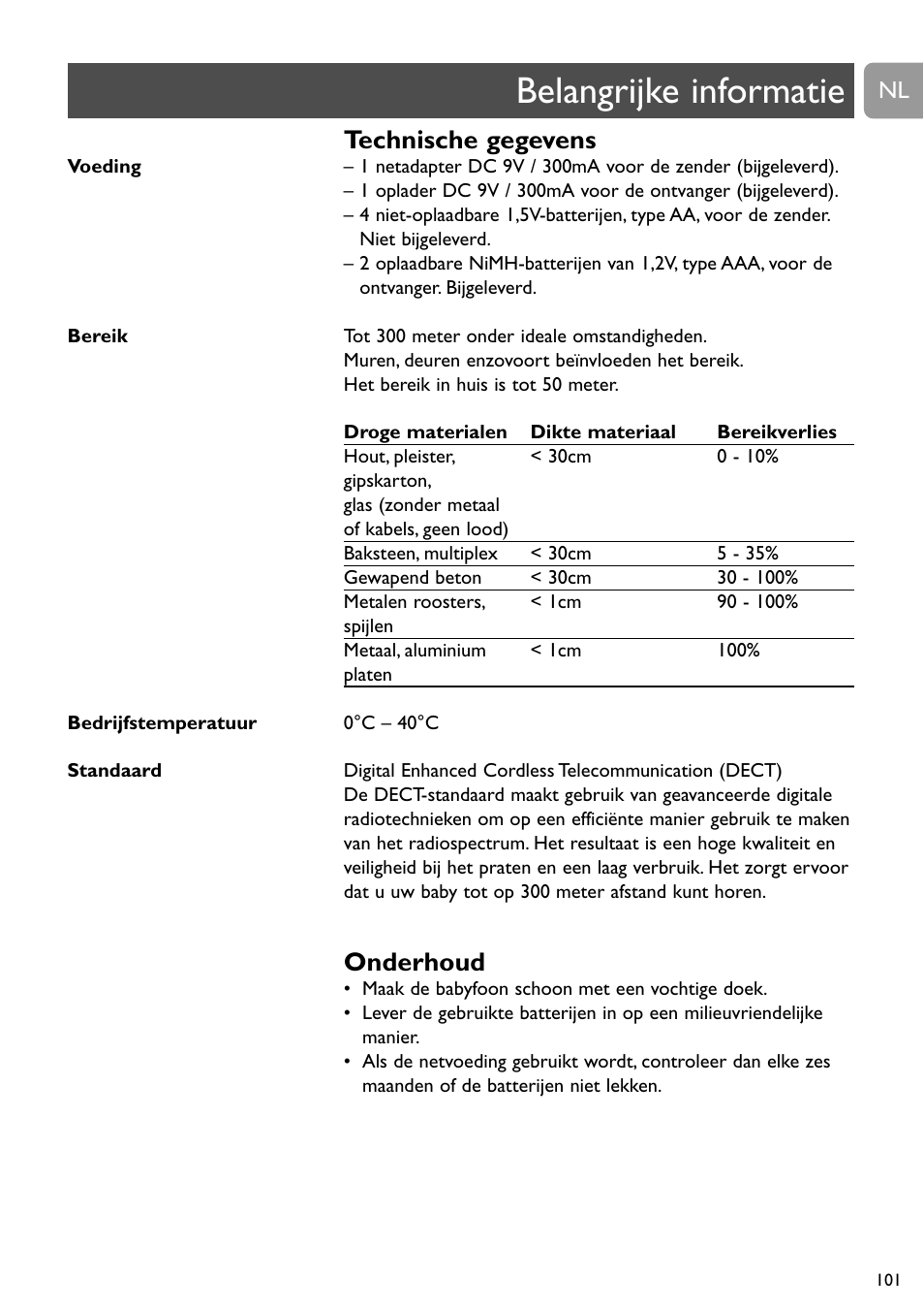 Belangrijke informatie, Technische gegevens, Onderhoud | Philips SCD489 User Manual | Page 101 / 244