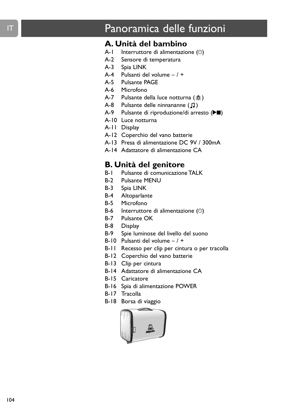 Panoramica delle funzioni, A. unità del bambino, B. unità del genitore | Philips SCD489 User Manual | Page 104 / 244