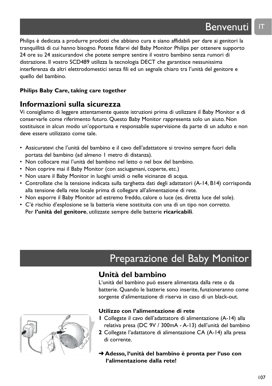 Benvenuti preparazione del baby monitor, Informazioni sulla sicurezza, Unità del bambino | Philips SCD489 User Manual | Page 107 / 244