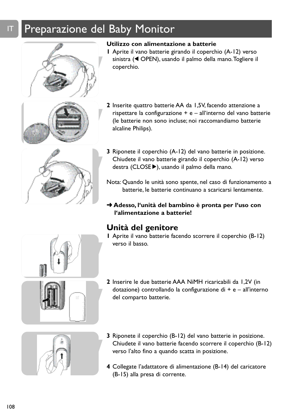 Preparazione del baby monitor, Unità del genitore | Philips SCD489 User Manual | Page 108 / 244