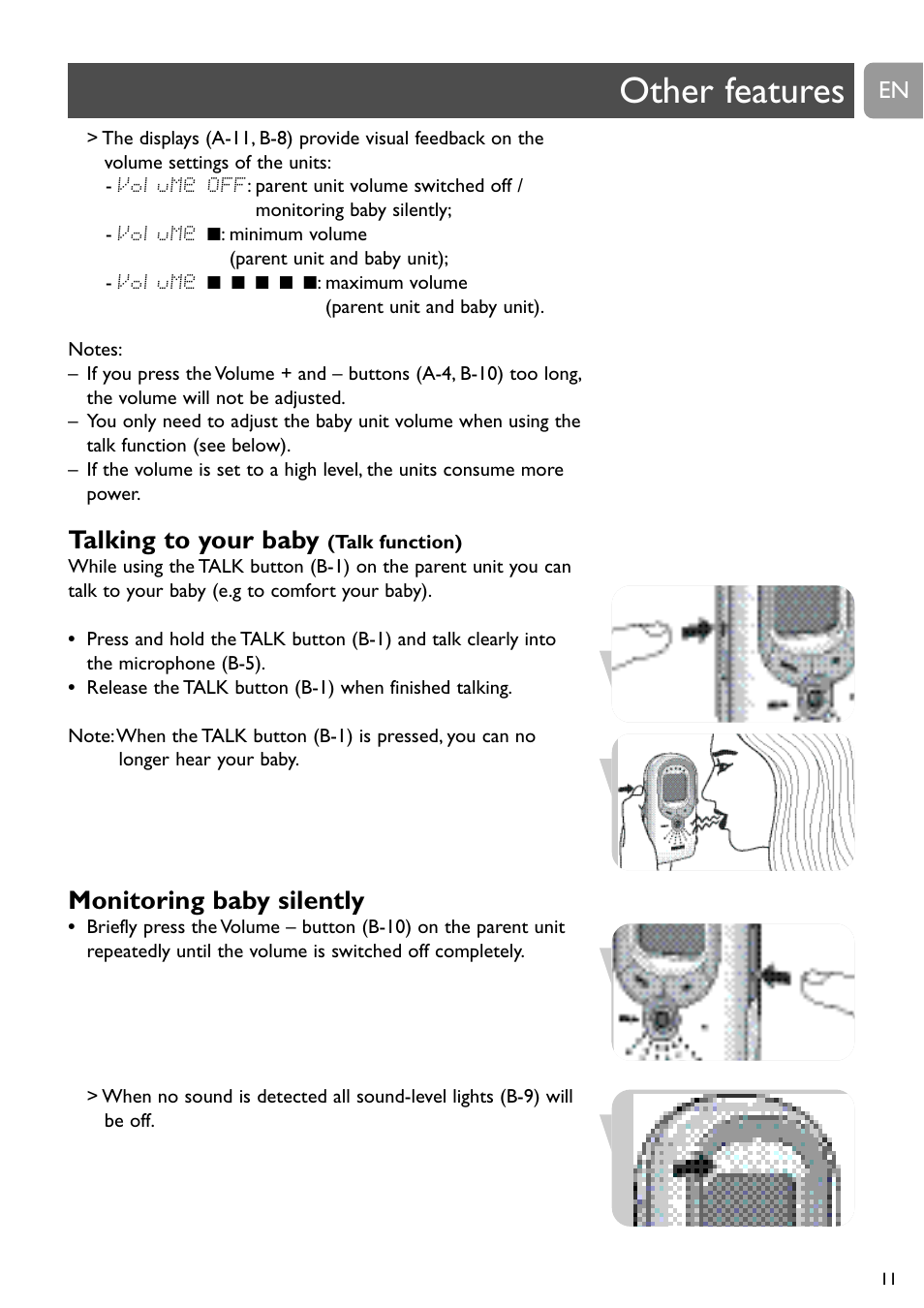 Other features, Talking to your baby, Monitoring baby silently | Philips SCD489 User Manual | Page 11 / 244