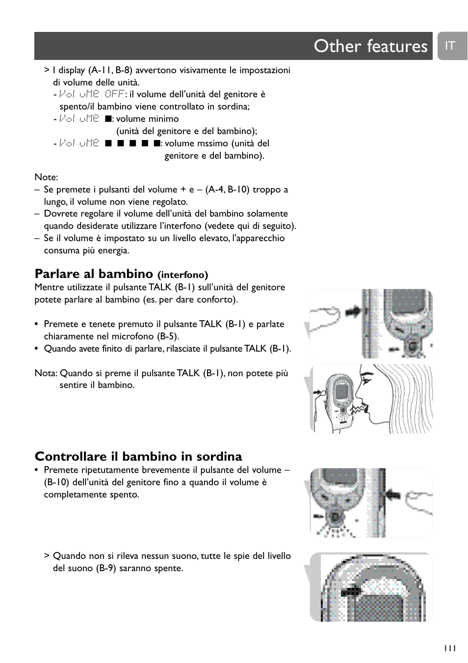 Other features, Parlare al bambino, Controllare il bambino in sordina | Philips SCD489 User Manual | Page 111 / 244