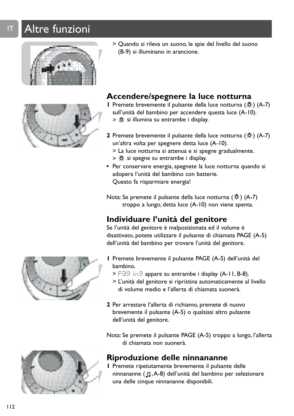 Altre funzioni, Accendere/spegnere la luce notturna, Individuare l’unità del genitore | Riproduzione delle ninnananne | Philips SCD489 User Manual | Page 112 / 244