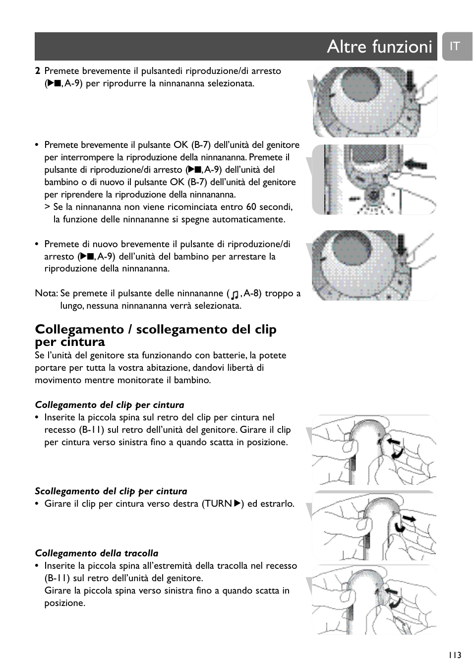 Altre funzioni, Collegamento / scollegamento del clip per cintura | Philips SCD489 User Manual | Page 113 / 244