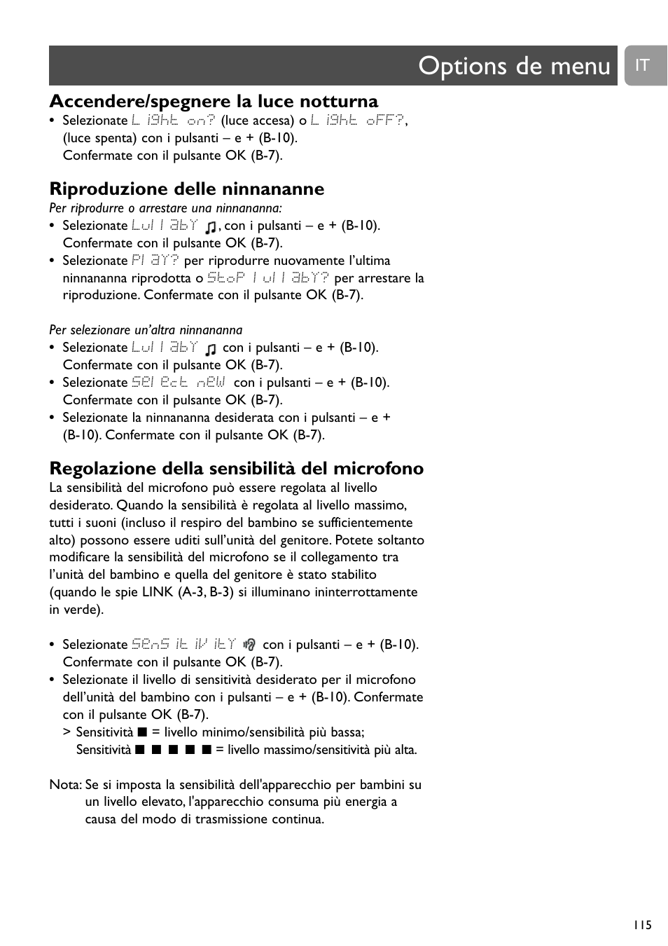 Options de menu, Accendere/spegnere la luce notturna, Riproduzione delle ninnananne | Regolazione della sensibilità del microfono | Philips SCD489 User Manual | Page 115 / 244