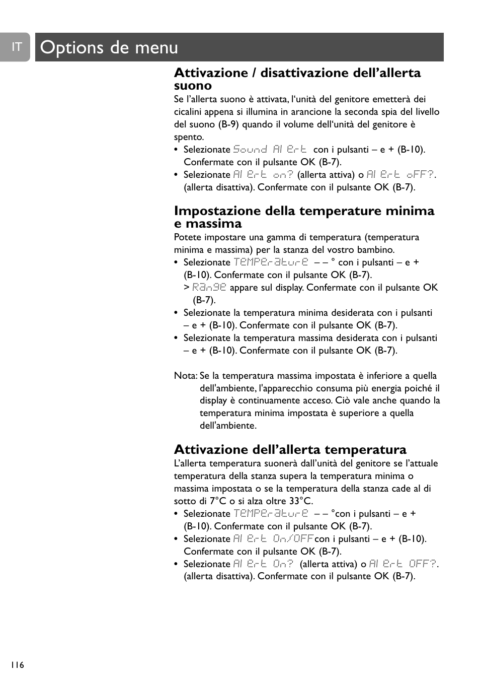 Options de menu, Attivazione / disattivazione dell’allerta suono, Impostazione della temperature minima e massima | Attivazione dell’allerta temperatura | Philips SCD489 User Manual | Page 116 / 244