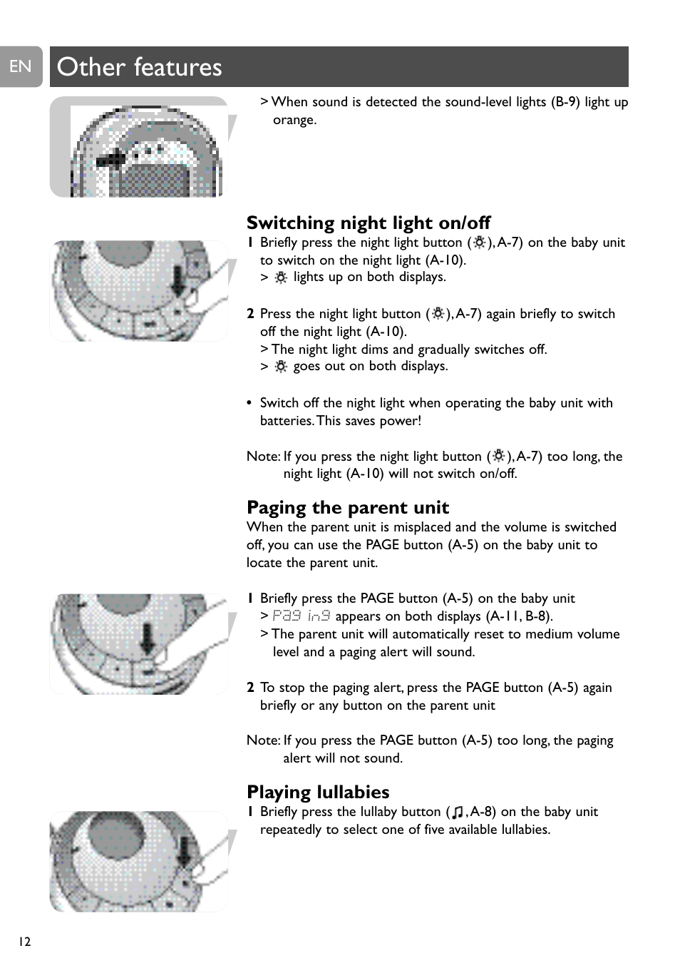 Other features, Switching night light on/off, Paging the parent unit | Playing lullabies | Philips SCD489 User Manual | Page 12 / 244