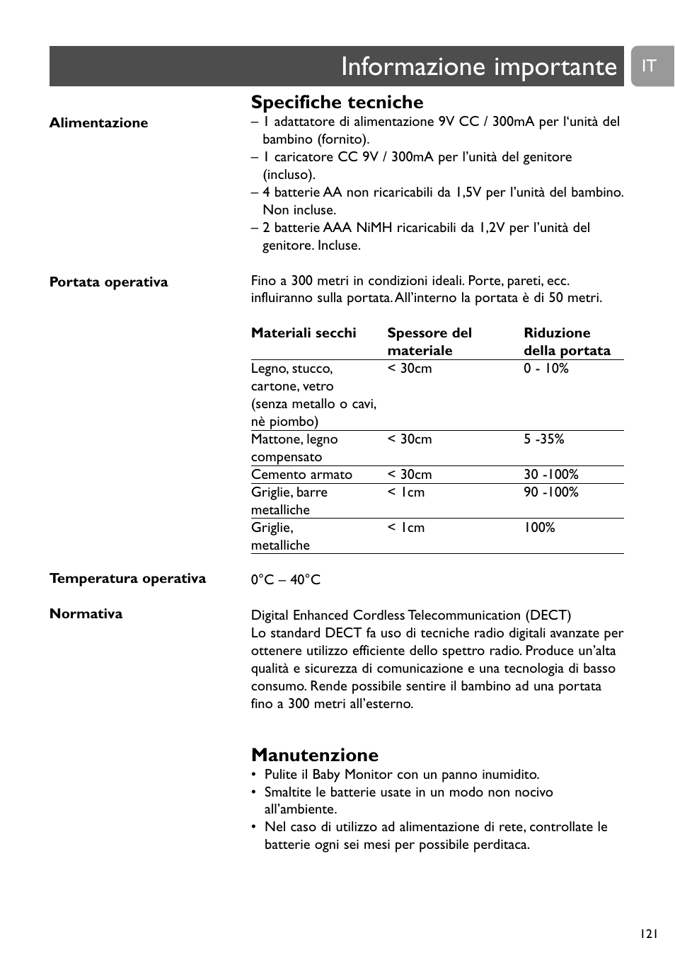 Informazione importante, Specifiche tecniche, Manutenzione | Philips SCD489 User Manual | Page 121 / 244