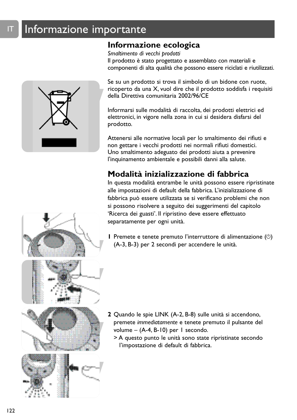 Informazione importante, Informazione ecologica, Modalità inizializzazione di fabbrica | Philips SCD489 User Manual | Page 122 / 244