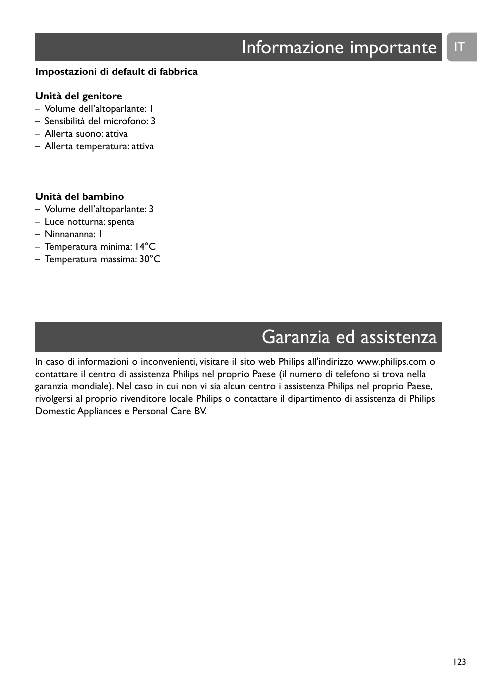 Informazione importante garanzia ed assistenza | Philips SCD489 User Manual | Page 123 / 244