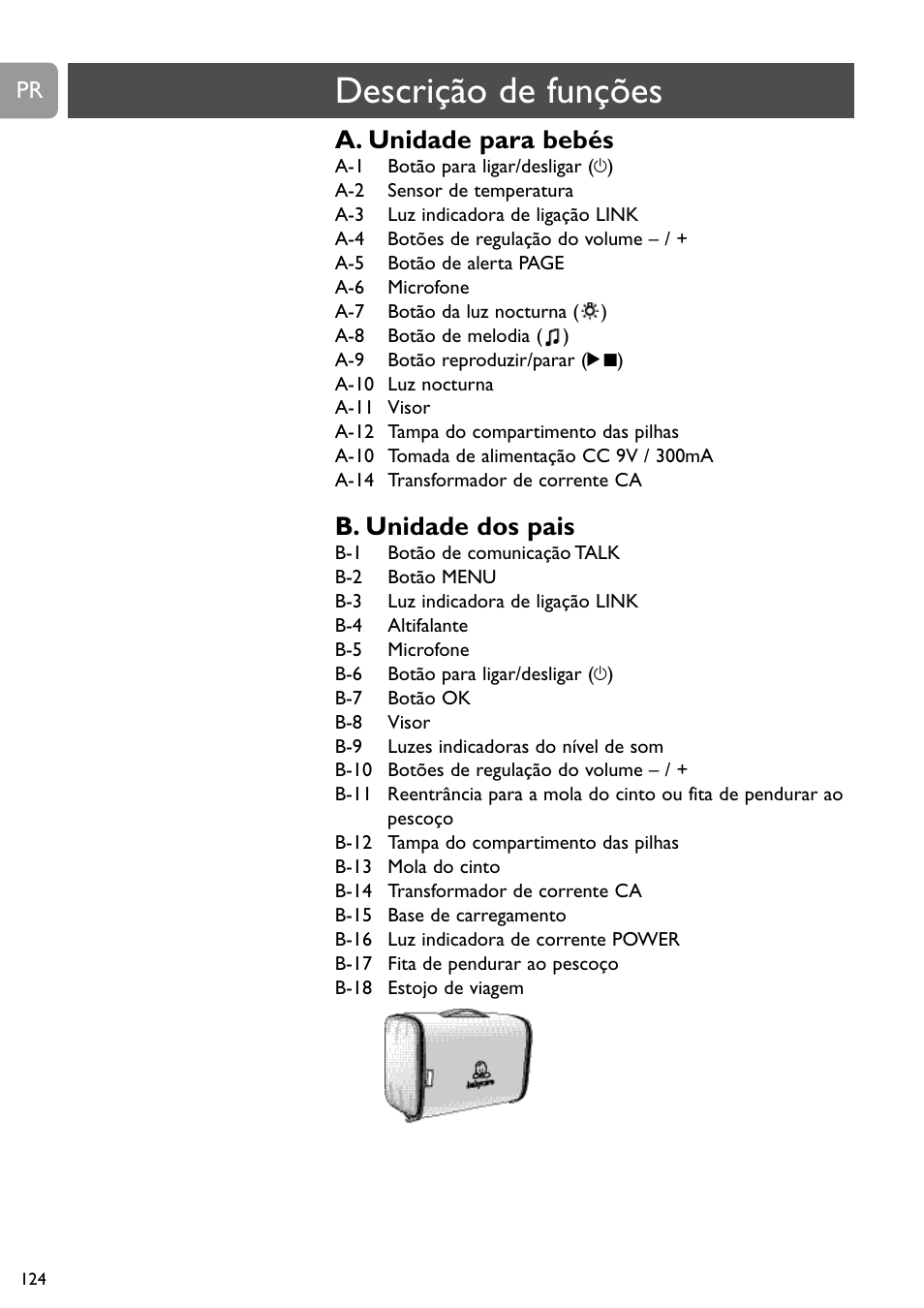 Descrição de funções, A. unidade para bebés, B. unidade dos pais | Philips SCD489 User Manual | Page 124 / 244