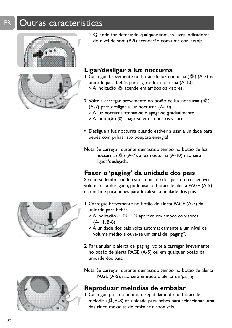 Outras características, Ligar/desligar a luz nocturna, Fazer o ‘paging’ da unidade dos pais | Reproduzir melodias de embalar | Philips SCD489 User Manual | Page 132 / 244