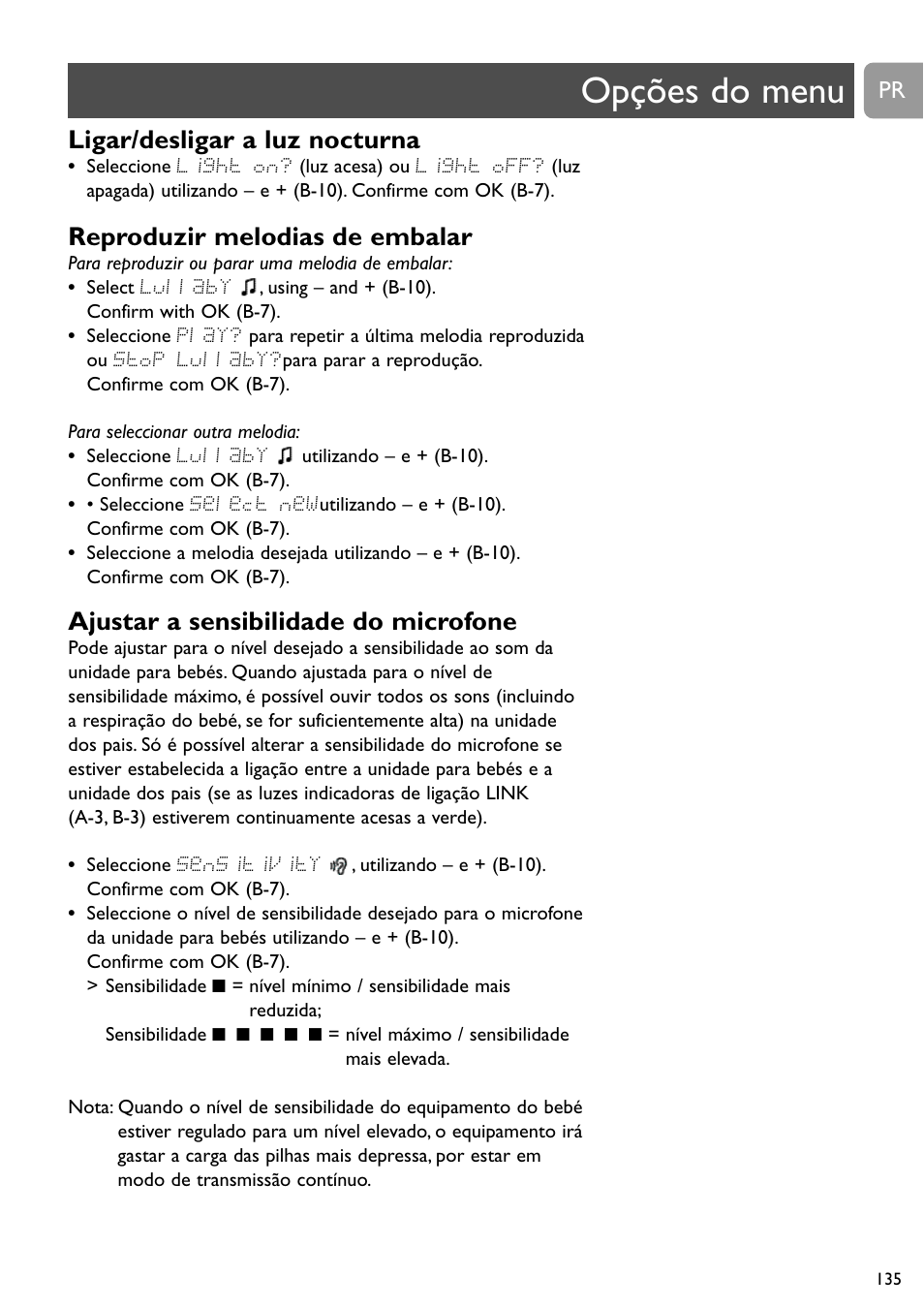 Opções do menu, Ligar/desligar a luz nocturna, Reproduzir melodias de embalar | Ajustar a sensibilidade do microfone | Philips SCD489 User Manual | Page 135 / 244