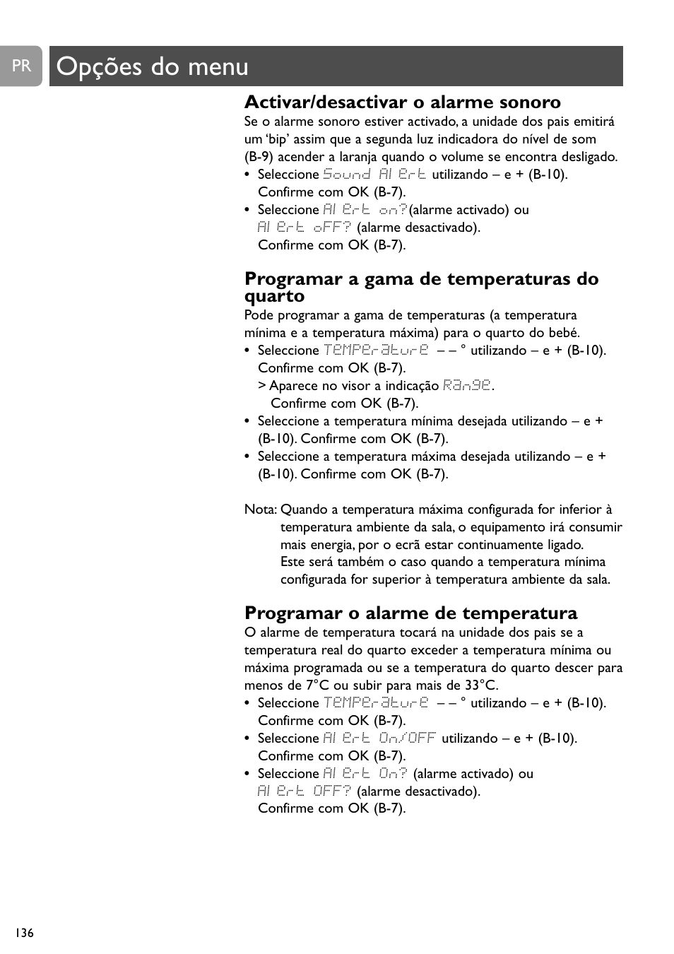 Opções do menu, Activar/desactivar o alarme sonoro, Programar a gama de temperaturas do quarto | Programar o alarme de temperatura | Philips SCD489 User Manual | Page 136 / 244