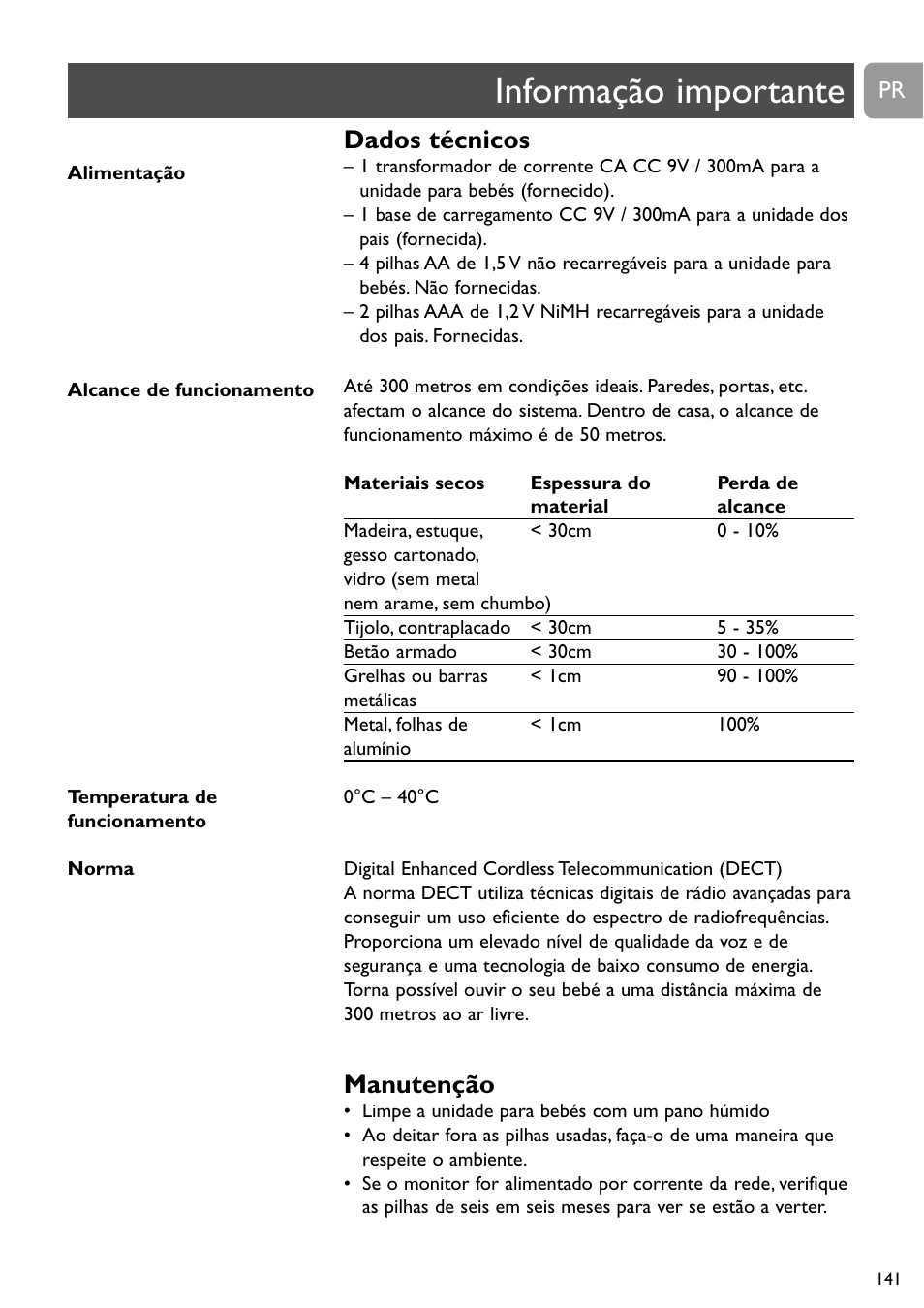 Informação importante, Dados técnicos, Manutenção | Philips SCD489 User Manual | Page 141 / 244