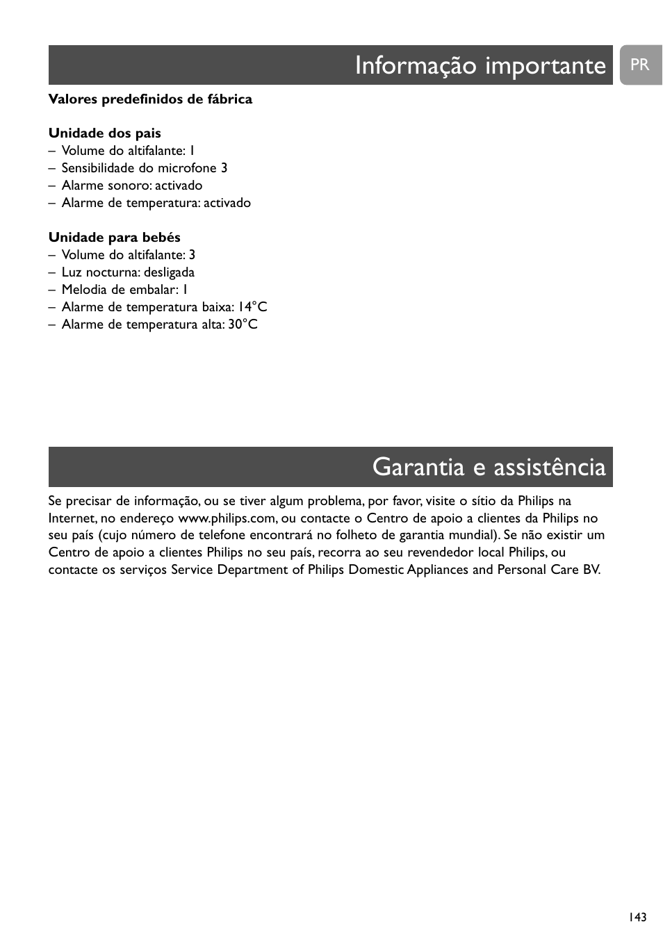 Informação importante garantia e assistência | Philips SCD489 User Manual | Page 143 / 244