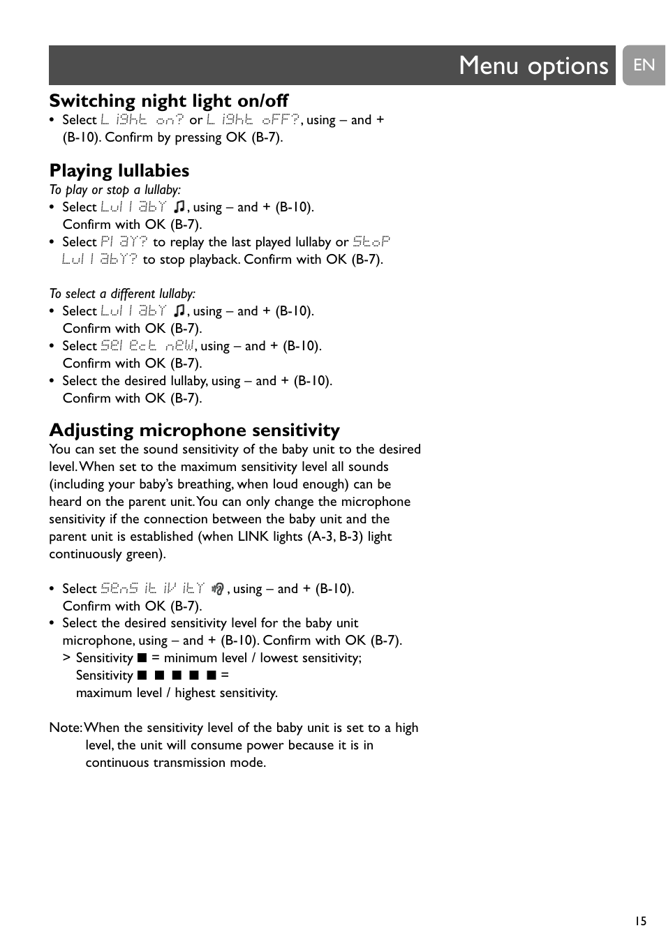 Menu options, Switching night light on/off, Playing lullabies | Adjusting microphone sensitivity | Philips SCD489 User Manual | Page 15 / 244