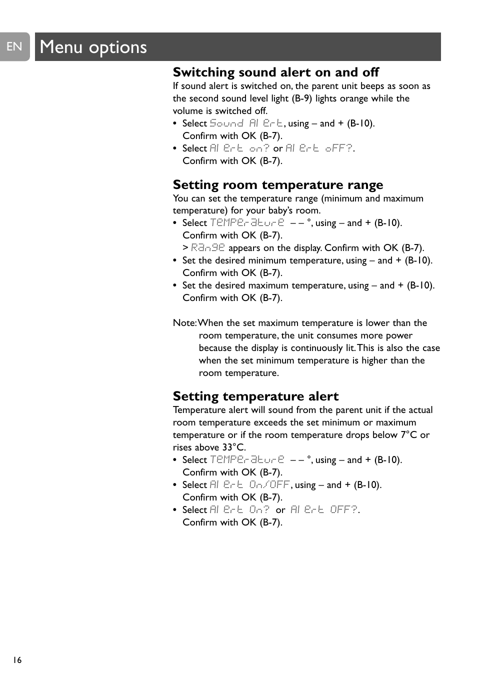 Menu options, Switching sound alert on and off, Setting room temperature range | Setting temperature alert | Philips SCD489 User Manual | Page 16 / 244