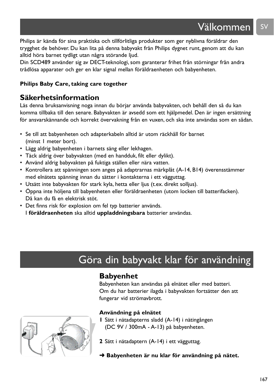 Välkommen göra din babyvakt klar för användning, Säkerhetsinformation, Babyenhet | Philips SCD489 User Manual | Page 167 / 244