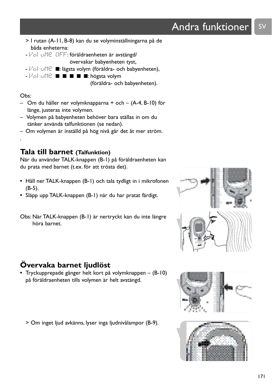 Andra funktioner, Tala till barnet, Övervaka barnet ljudlöst | Philips SCD489 User Manual | Page 171 / 244