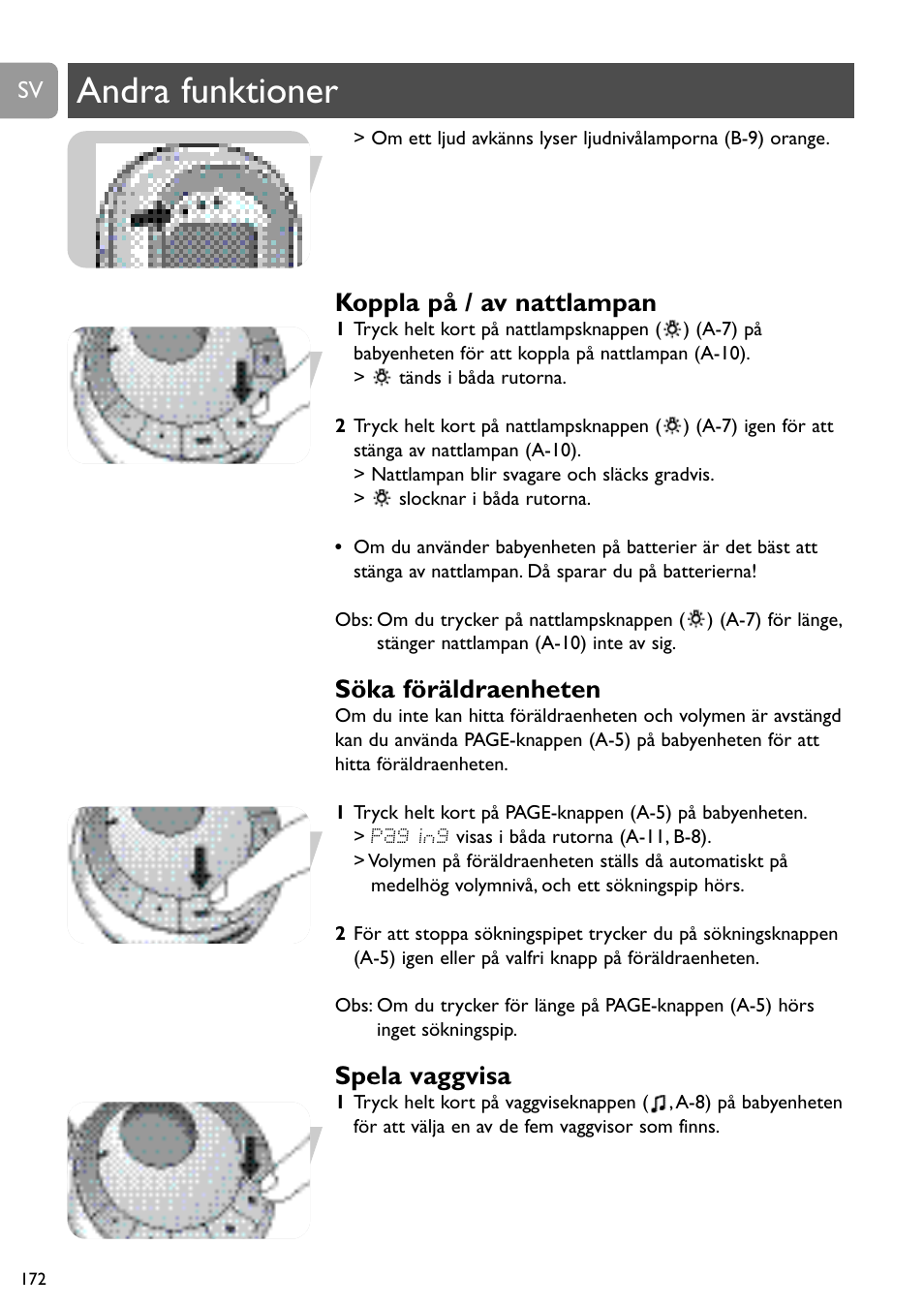 Andra funktioner, Koppla på / av nattlampan, Söka föräldraenheten | Spela vaggvisa | Philips SCD489 User Manual | Page 172 / 244