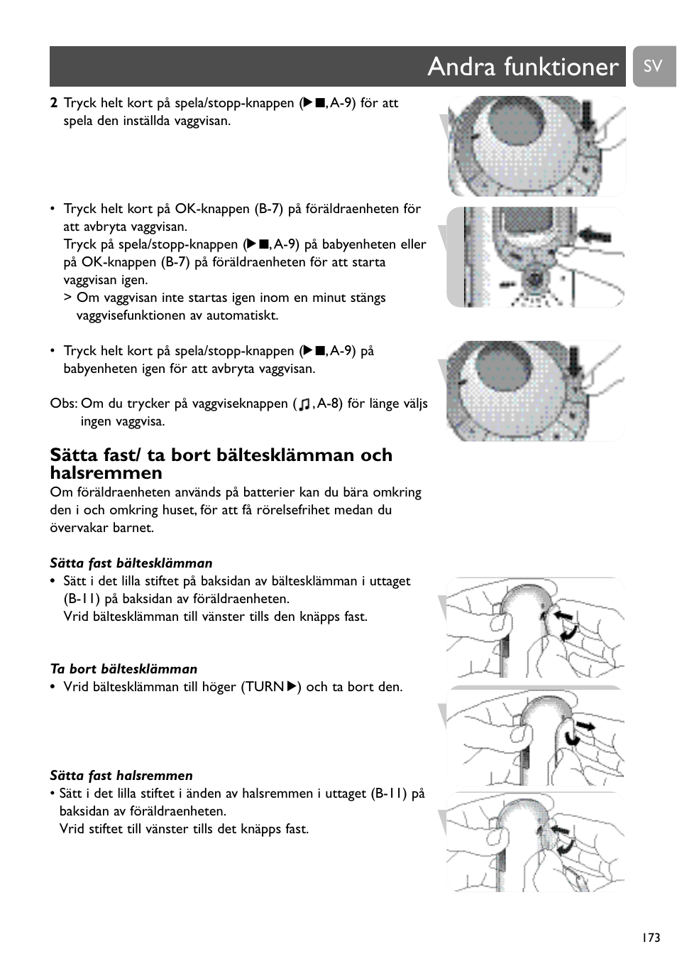 Andra funktioner, Sätta fast/ ta bort bältesklämman och halsremmen | Philips SCD489 User Manual | Page 173 / 244