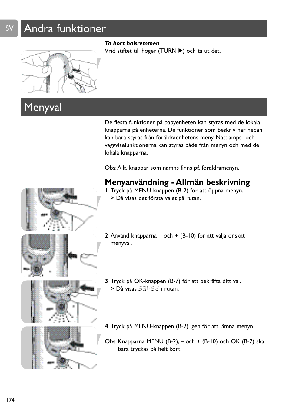 Andra funktioner menyval, Menyanvändning - allmän beskrivning | Philips SCD489 User Manual | Page 174 / 244