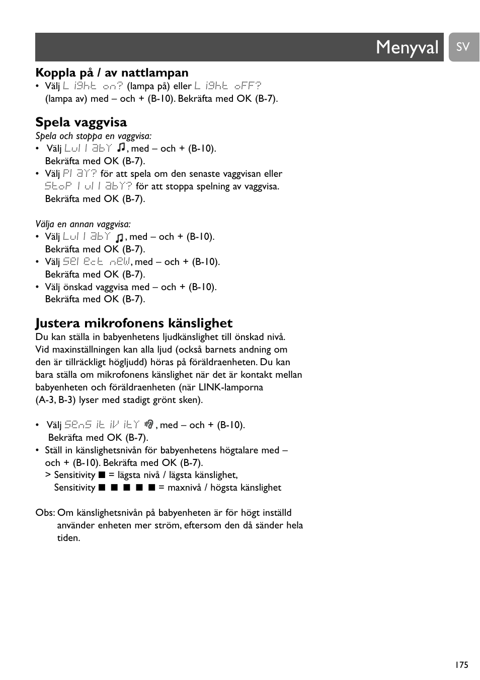 Menyval, Spela vaggvisa, Justera mikrofonens känslighet | Philips SCD489 User Manual | Page 175 / 244