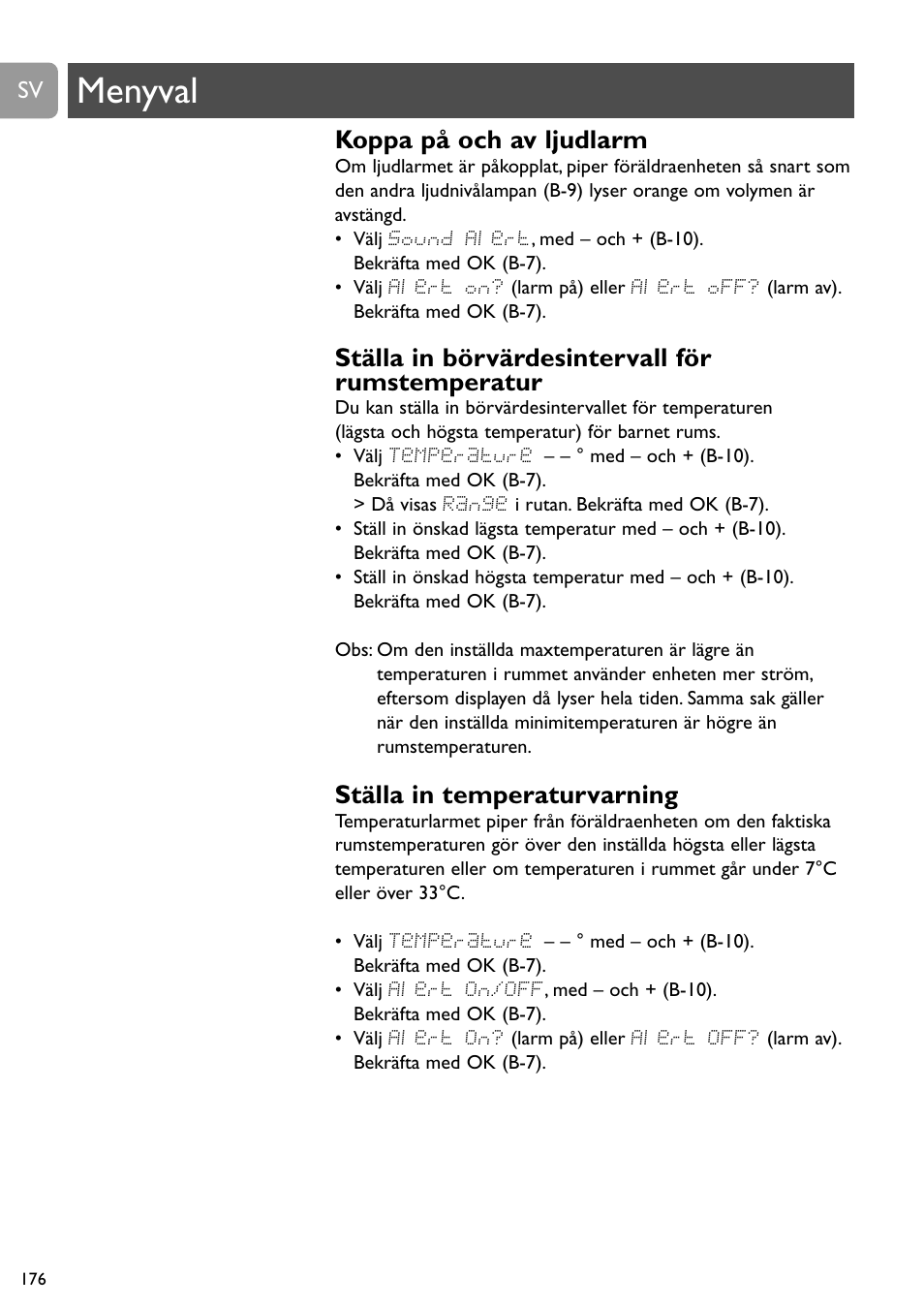 Menyval, Koppa på och av ljudlarm, Ställa in börvärdesintervall för rumstemperatur | Ställa in temperaturvarning | Philips SCD489 User Manual | Page 176 / 244