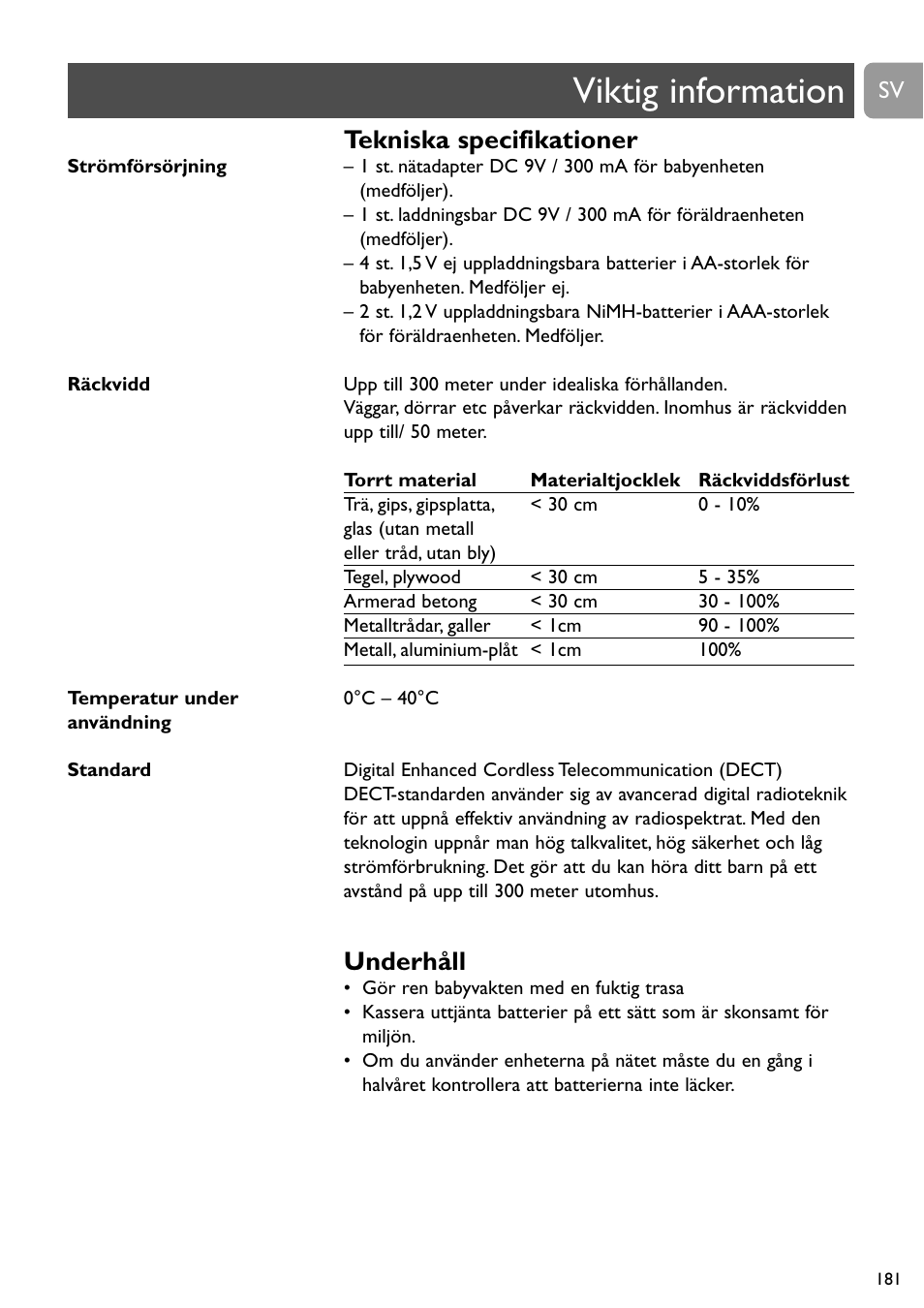 Viktig information, Tekniska specifikationer, Underhåll | Philips SCD489 User Manual | Page 181 / 244