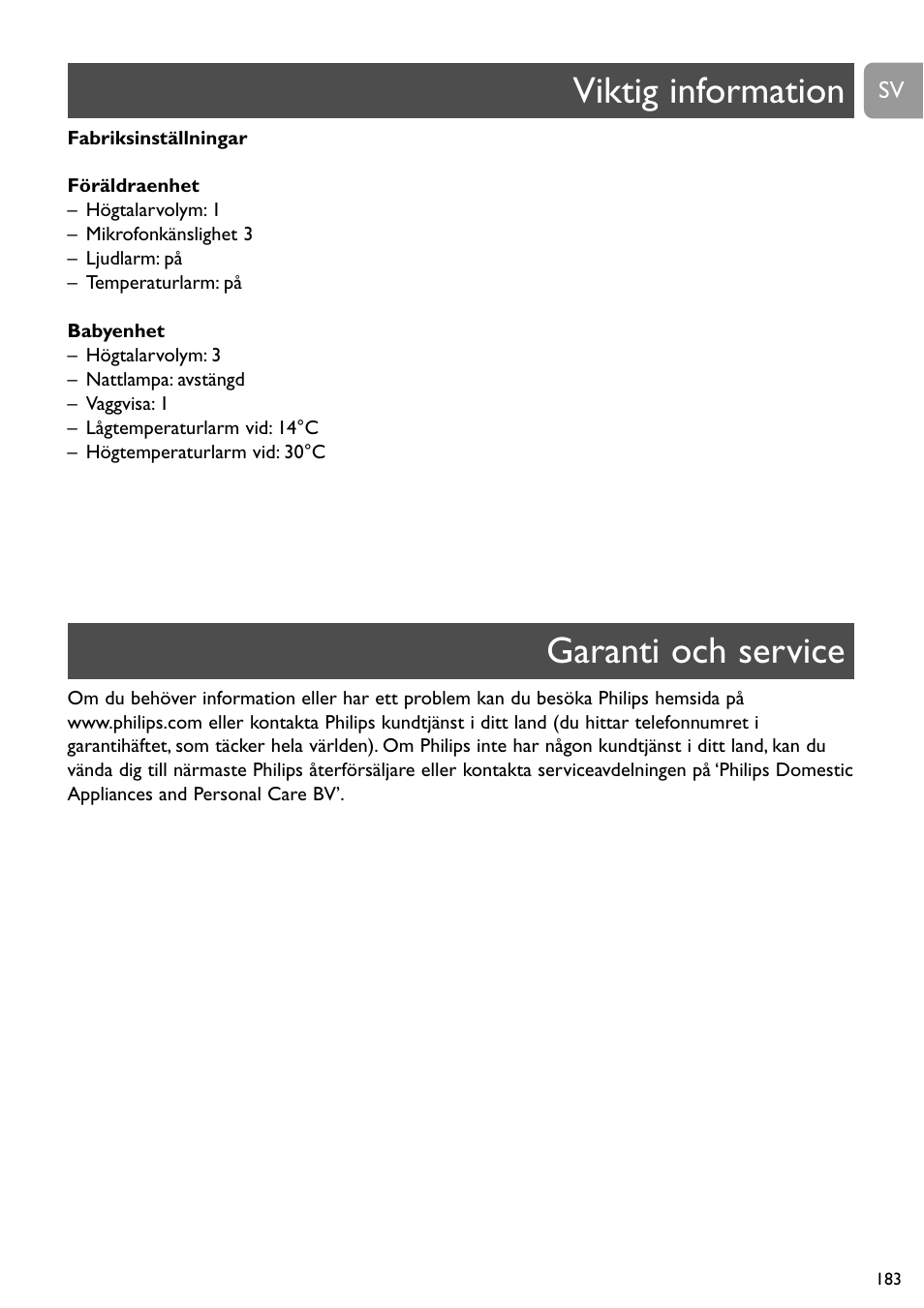 Viktig information garanti och service | Philips SCD489 User Manual | Page 183 / 244