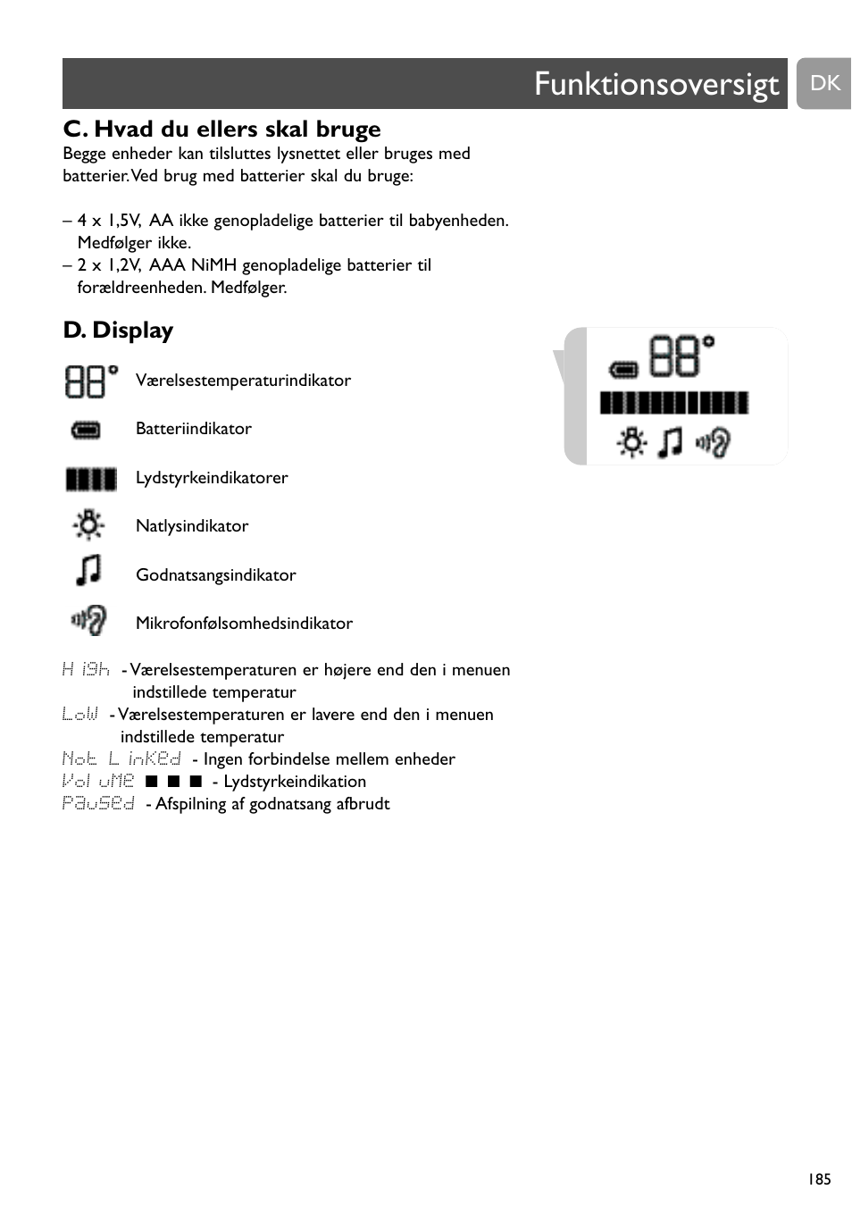 Funktionsoversigt, C. hvad du ellers skal bruge, D. display | Philips SCD489 User Manual | Page 185 / 244